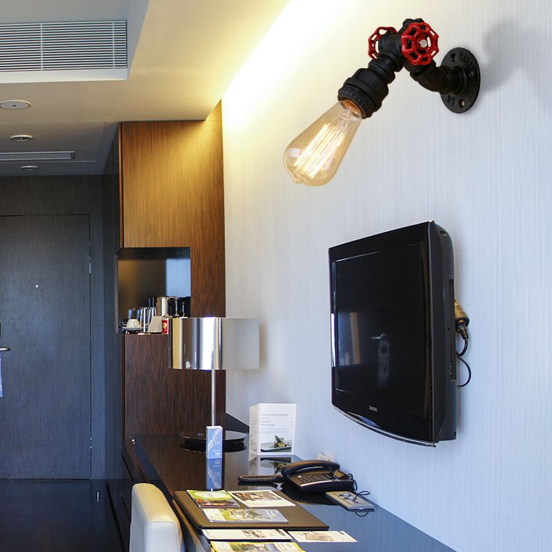 Farmhouse Stylish Pipe Wall Lamp with Valve 1 Bulb Metallic Wall Lighting Fixture in Black for Dining Room