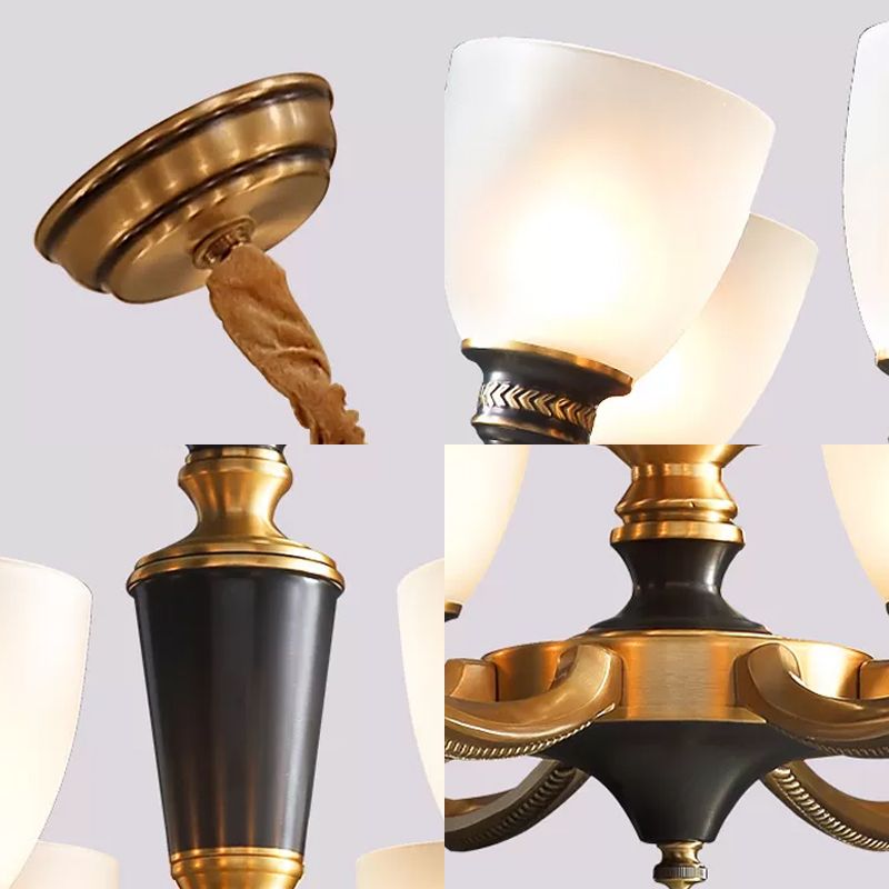 Black-Bronze Hanging Ceiling Light Traditional Frosted Glass Bell Chandelier for Living Room