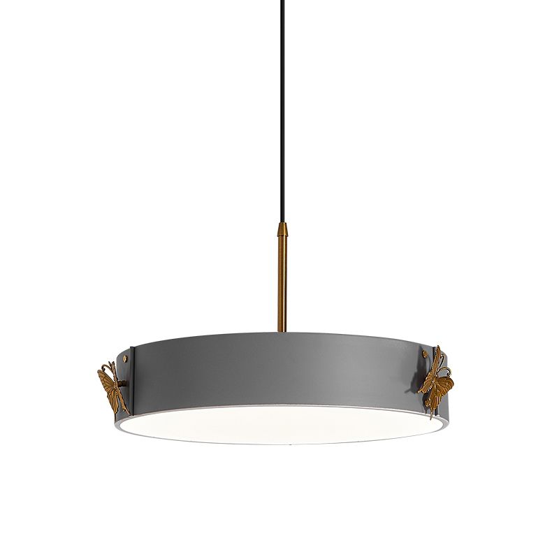 Drum Pendant Lamp Minimalist Acrylic LED Grey Finish Hanging Light Fixture with Butterfly Design