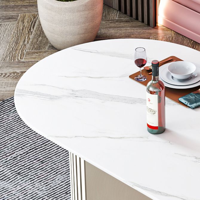 Ovaal gesinterde stenen eettafel moderne tafel in wit met metalen dubbele voetstukbasis