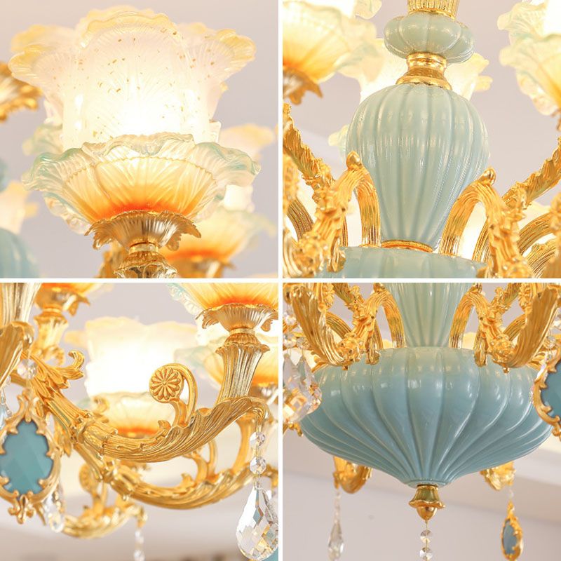 Gold Blossom Ceiling Chandelier Modernity Frosted Glass Hanging Light Fixture with Crystal Accent