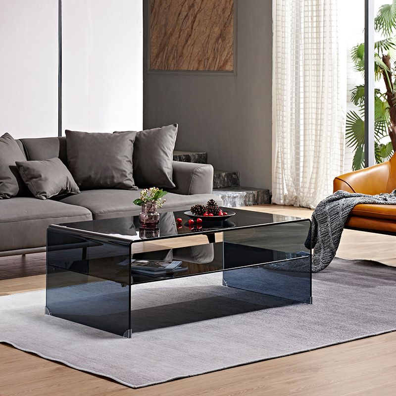 15.7"H Modern Sled Base White/black Glass Square Coffee Table with Shelf