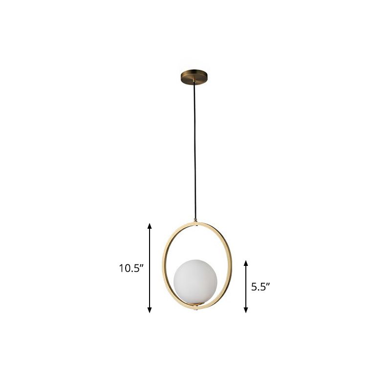Ball Opaque Glass Ceiling Suspension Lamp Simplicity Single Brass Drop Pendant with Metal Ring