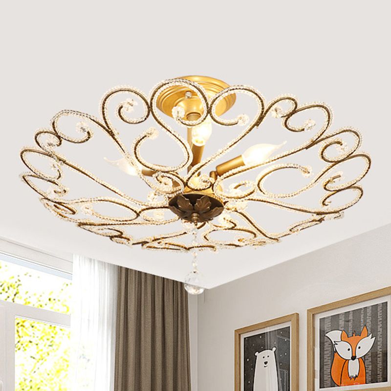 4/5-Light Bedroom Ceiling Flush Modernist Gold Semi Mount Lighting Fixture with Beaded Crystal Shade