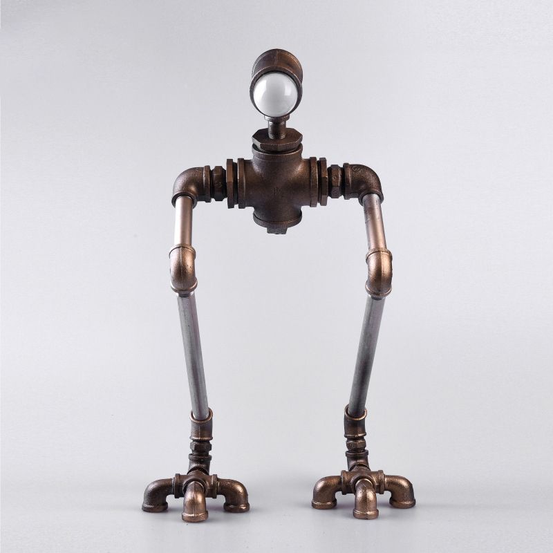 1-Light Iron Nightstand Lamp Steampunk Silver Long-Legged Pipe Man Bedside Table Light in Warm/White Light