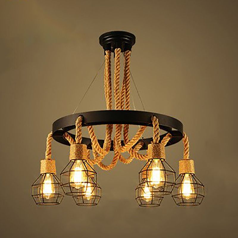 Lámpara de araña de araña negra industrial de araña de forma geométrica con cuerda natural