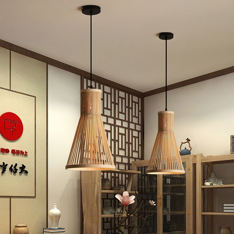 Cone Pendant Light Fixture Modern Bamboo 16"/18"/23.5" H 1 Light Beige/Brown Down Lighting for Dining Room
