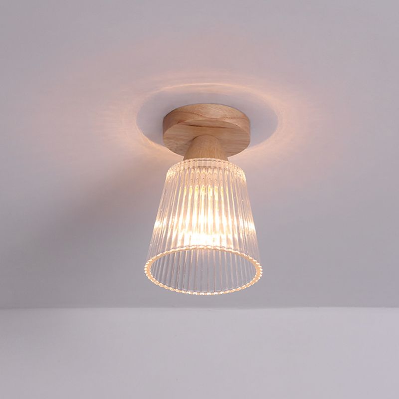 Simple 1-Light Ceiling Light Wooden Ceiling Mount Light with Glass Shade for Living Room