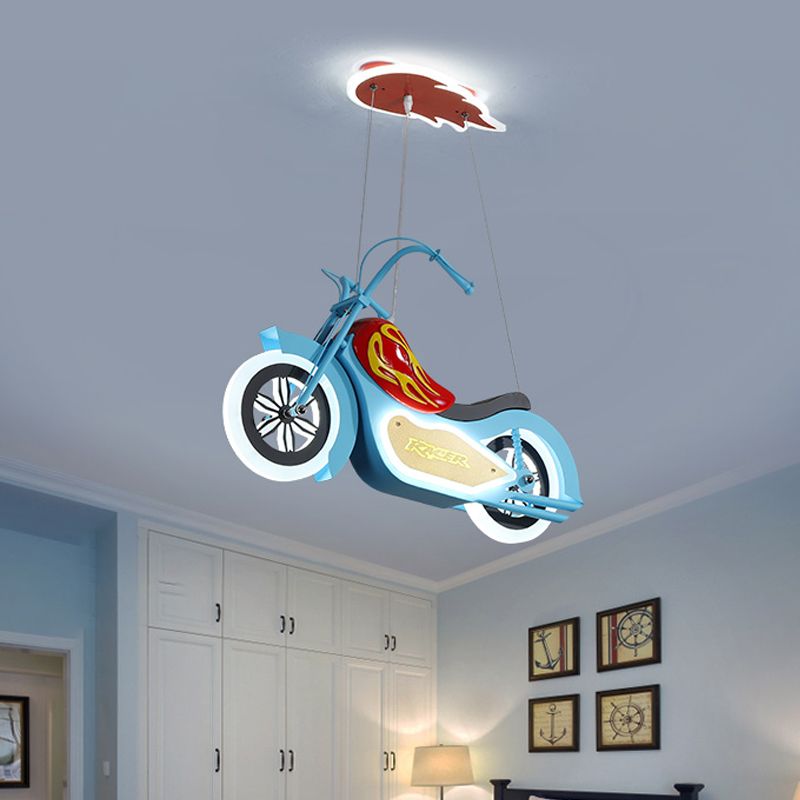 Motorbike LED Chandelier Pendant Cartoon Acrylic Blue Suspended Lighting Fixture for Bedroom