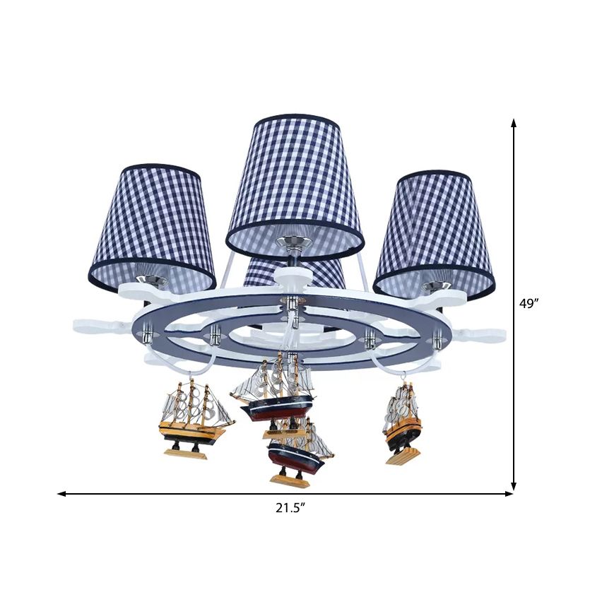 Rudder Study Room Chandelier with Plaid Shade & Ship Wood 4 Lights Nautical Pendant Light