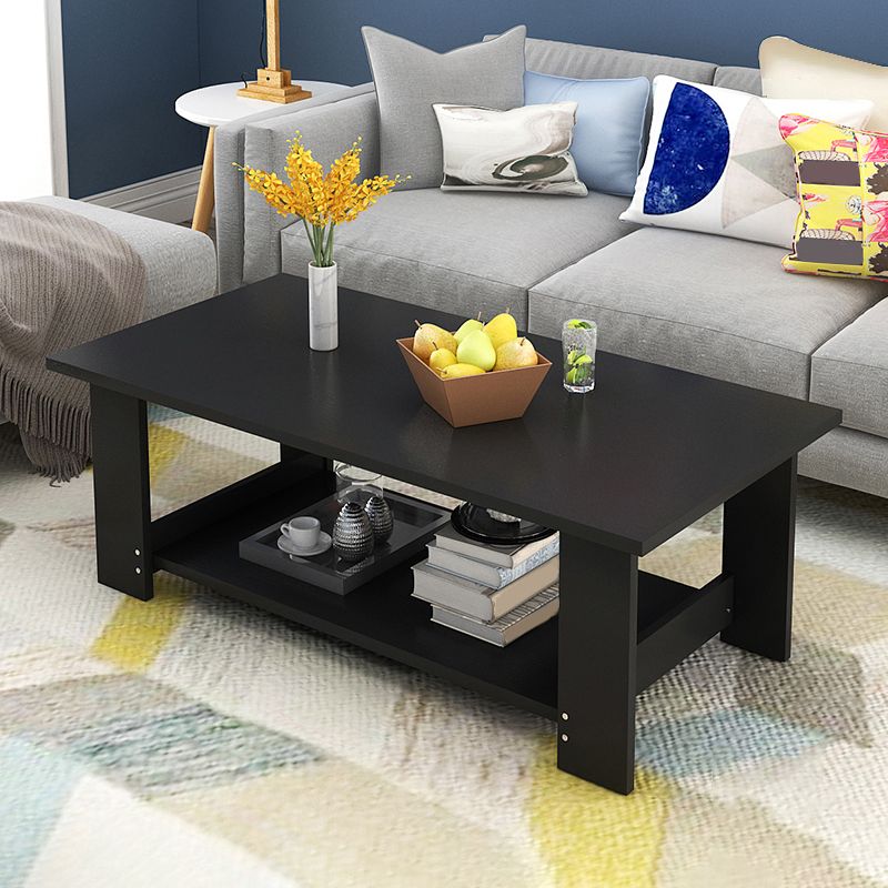 16.53" Tall Rectangle Top Coffee Table Wooden 4 Legs Cocktail Table with Shelf