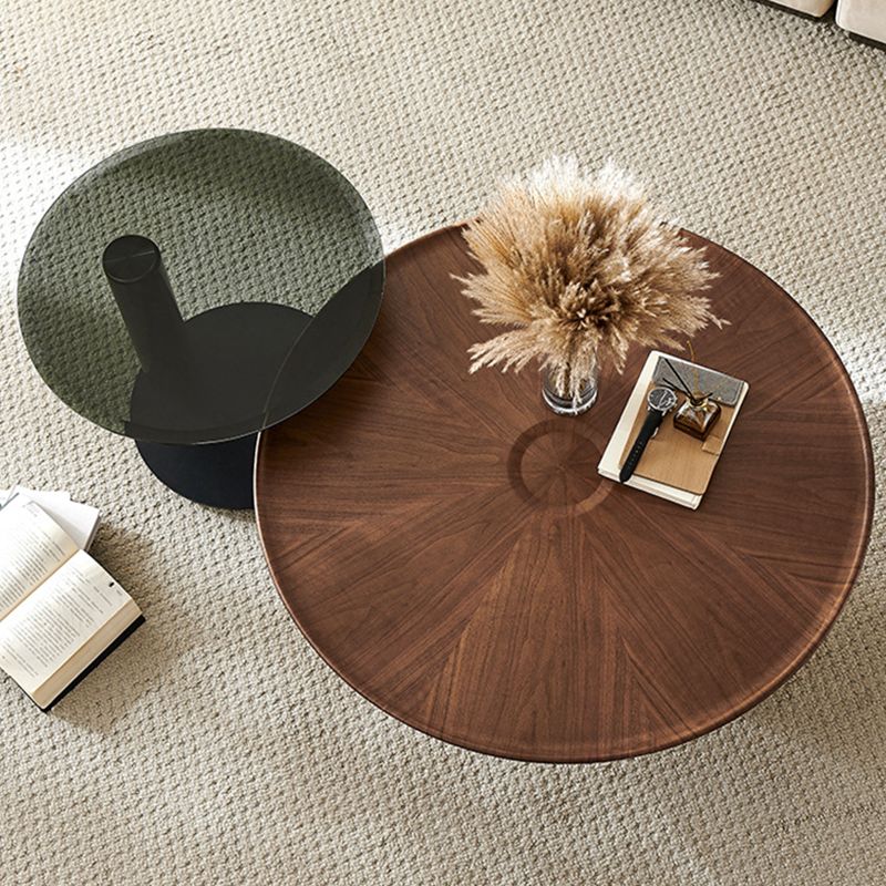 Mid-Century Modern Round Wood/Glass Coffee Table Metal Base Accent Table