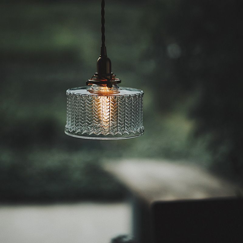 Fish-bone Texture Glass Hanging Light Brass Drum Shade Pendant Lamp for Bedroom Dining Room