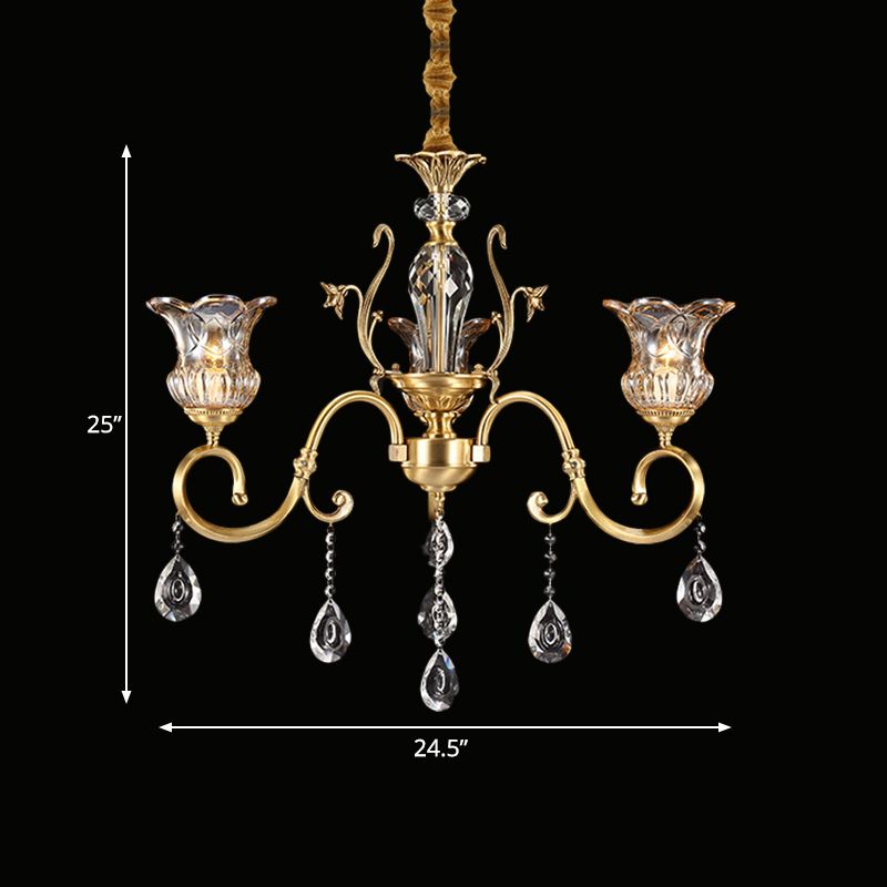 3 Bulbs Bellflower Hanging Light Vintage Brass Clear Glass Up Chandelier with Scroll Arm and Crystal Drop