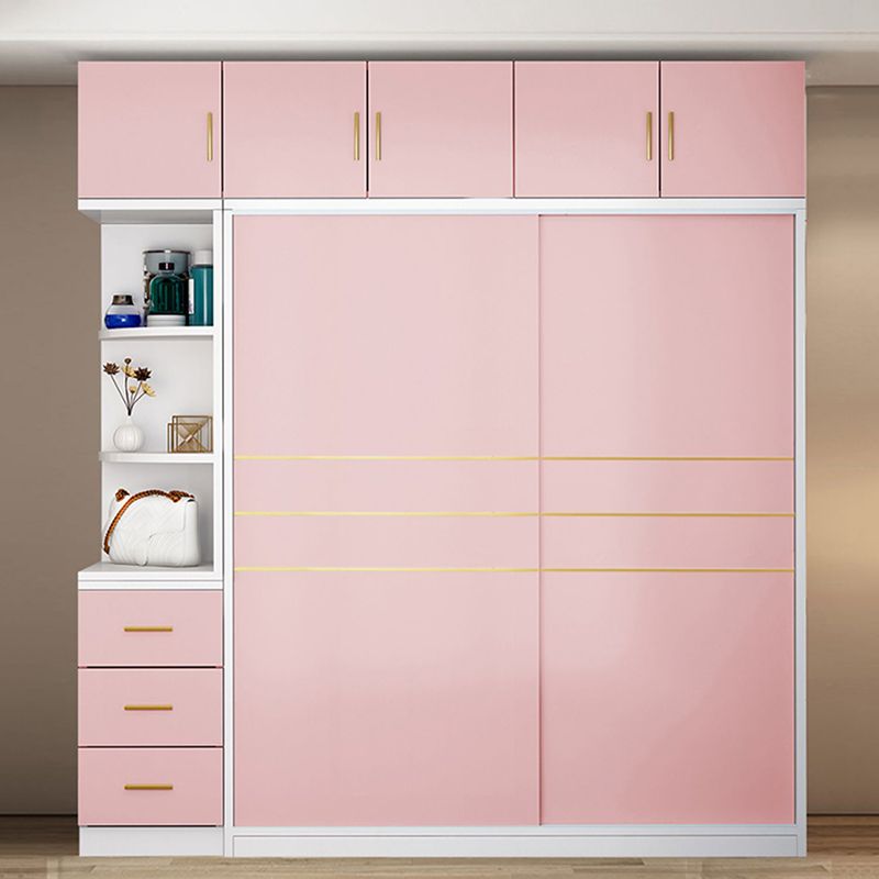 Pink Hanging Clothes Rack Wooden Wardrobe Armoire with Lower Storage Drawers