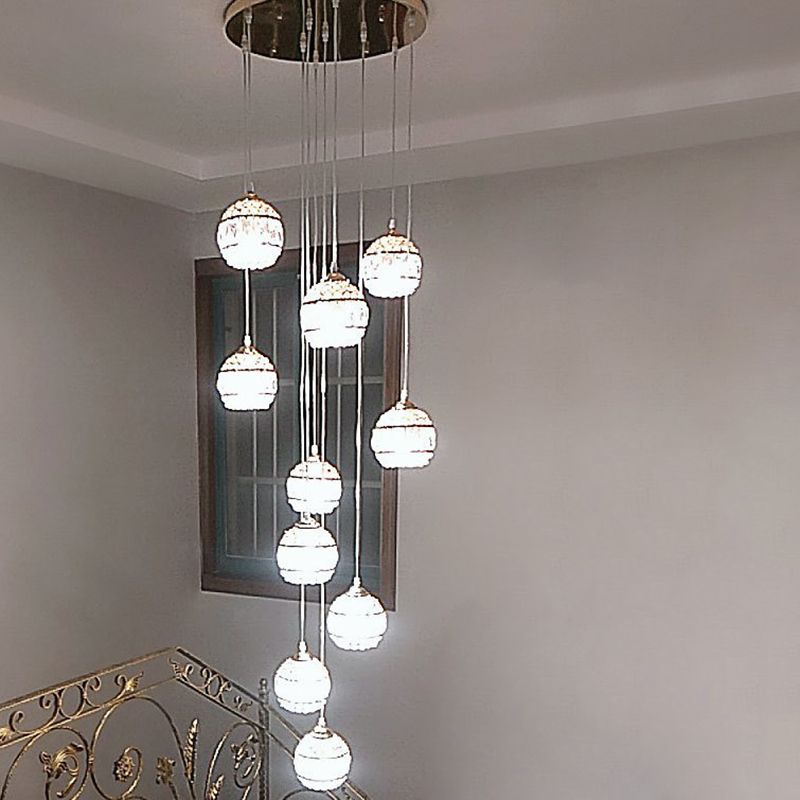 Crystal Encrusted Sphere Multi-Light Pendant Modern Style Ceiling Hanging Lantern in Gold for Staircase