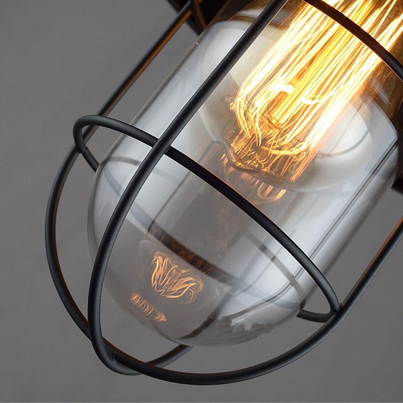 Iron Frame Single Pendant Light in Industrial Retro Style Glass Cone Hanging Lamp in Black