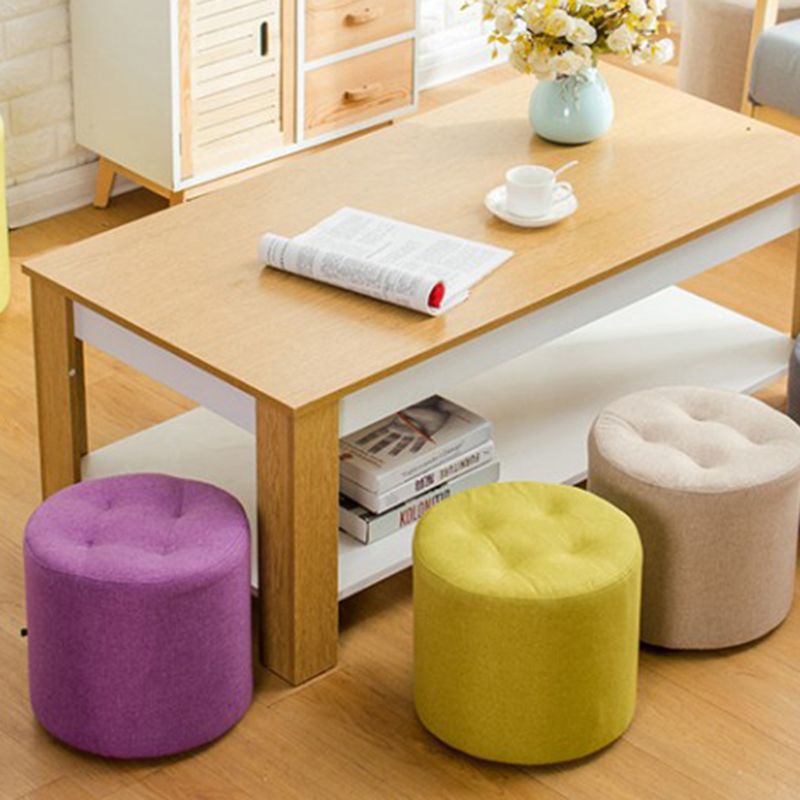 Contemporary Pouf Ottoman Fabric Upholstered Tufted Solid Color Cylinder Shape Ottoman