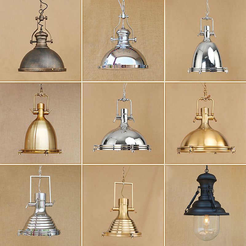 Farmhouse Cloche/Bowl Pendant Light 1 Head Metal Hanging Ceiling Light in Bronze/Chrome with Handle