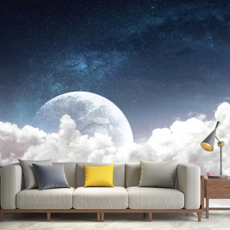Whole Cloud and Moon Mural in Blur and White Non-Woven Fabric Wall Art for Ceiling, Made to Measure
