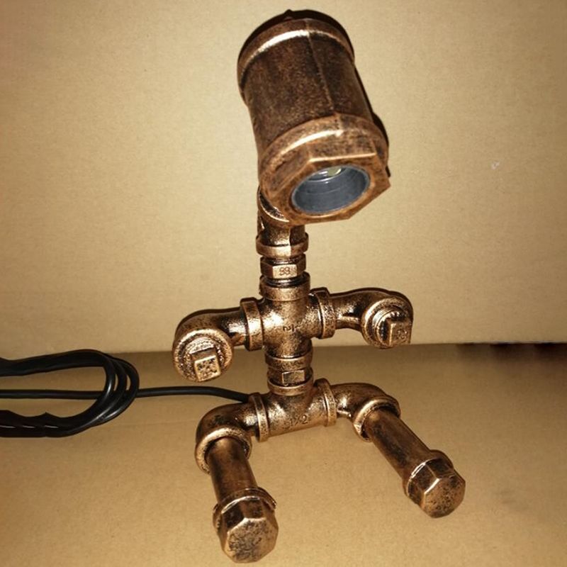 Lampada da tavolo industriale in metallo con lampada da comodino a 1 testa, piccola lampada da scrivania robot seduto in ottone con cavo di collegamento