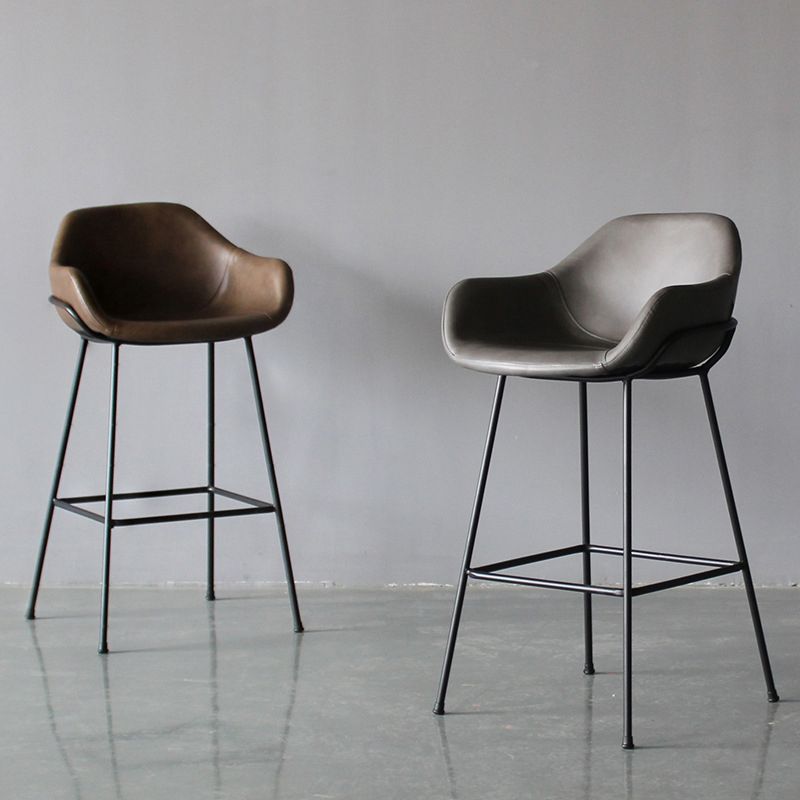 Contemporary Leather Armed Barstool Matte Finish Footrest Low Back Stool