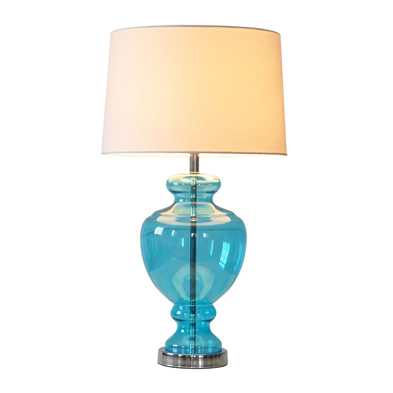 1 Head Table Lighting Retro Bedroom Nightstand Lamp with Urn Blue Glass Base and Drum Fabric Shade