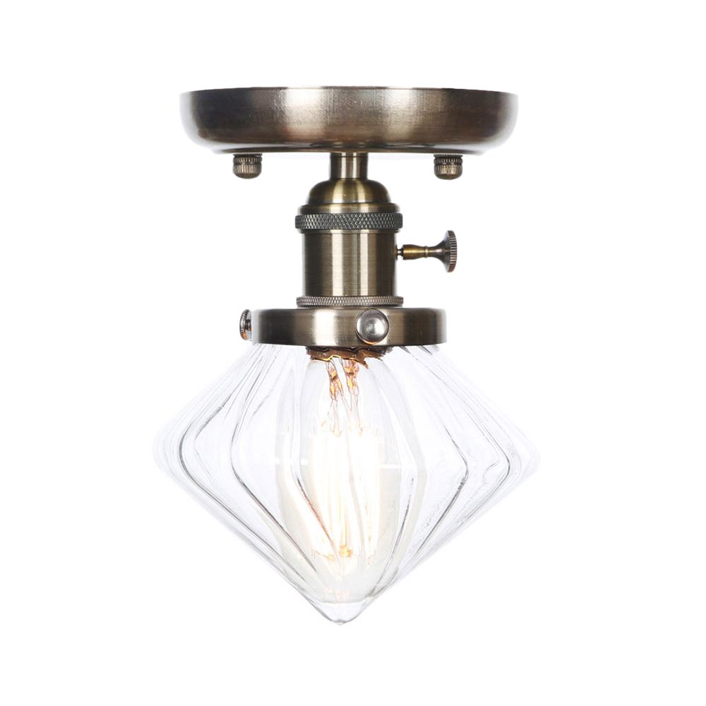 1 Light Ceiling Lighting Industrial Cone/Bell/Rhombus Clear/Amber Glass Semi Flush Mount Light in Bronze