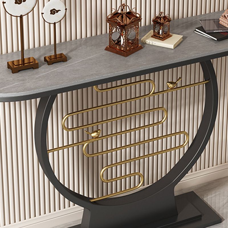 31.5" Tall Stone Console Accent Table Half Moon End Table with Shelf