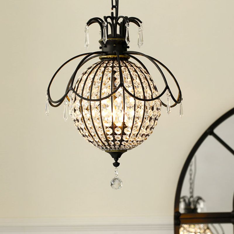 Pineapple Crystal Pendant Chandelier Vintage 3-Light Black Hanging Lamp for Dining Room