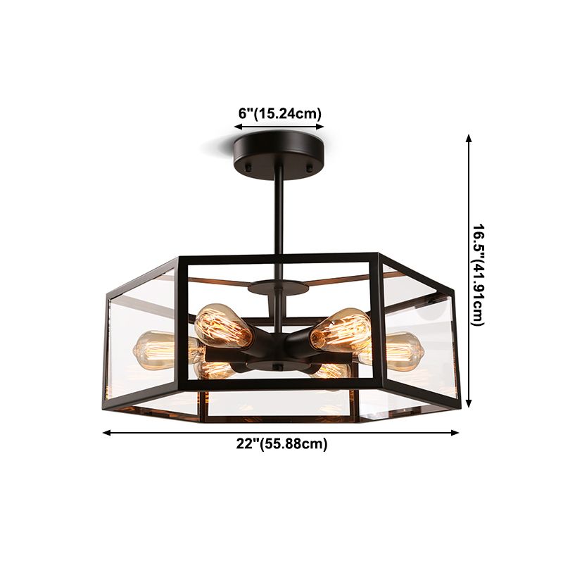 Hexagonal Glass Chandelier Light Fixture Industrial 6 Bulbs Suspension Light in Black