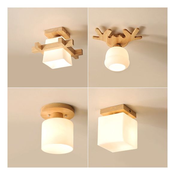 Wood Shaded Close to Ceiling Lighting Fixture Modern Natural Ceiling Mounted Light