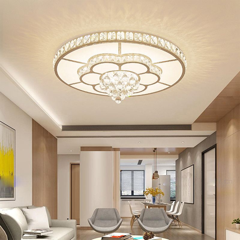 Minimalist Round Flush Ceiling Light Crystal Sitting Room LED Flush Mount Fixture in White
