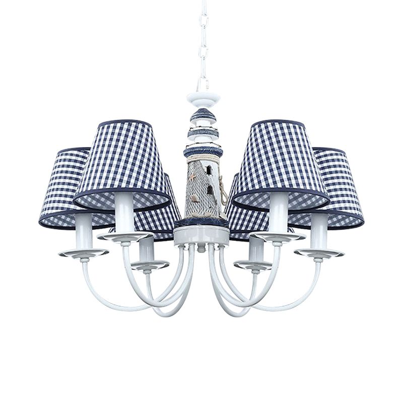 Blue Conic Ceiling Suspension Lamp Modernist 6 Bulbs Fabric Hanging Chandelier with Lighthouse Column Design