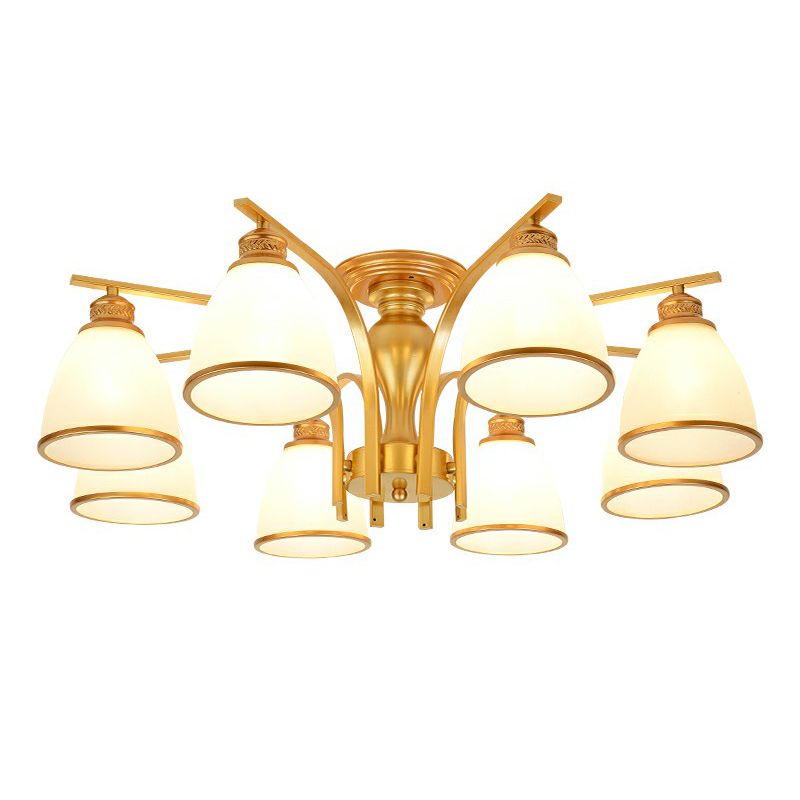 Goud afwerking bell semi spoel kroonluchter traditionele opaalglazen slaapkamer plafond gemonteerd licht