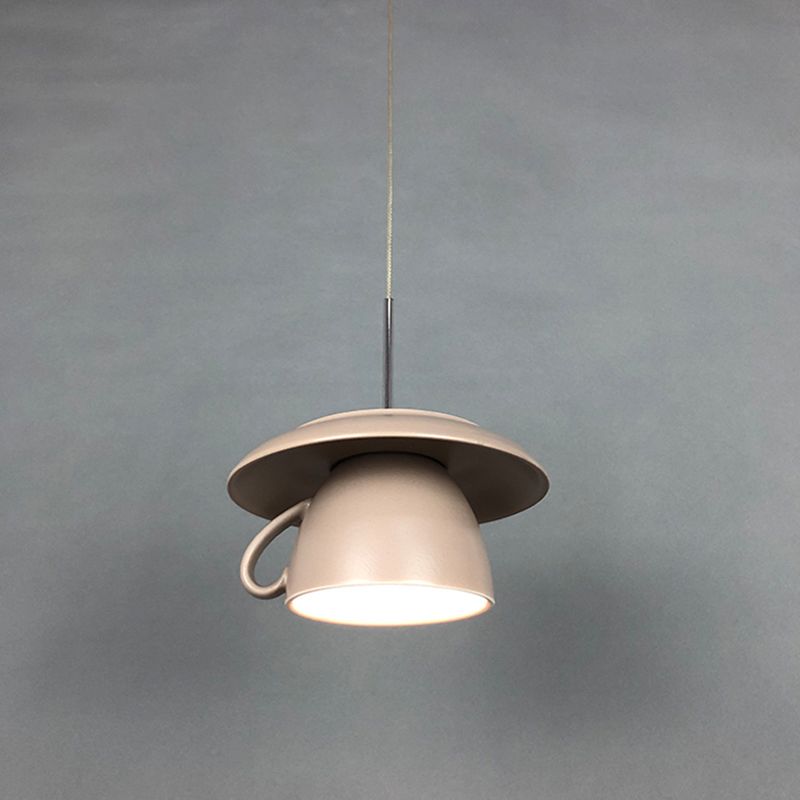 1-Light Restaurant Hanging Lighting Macaron Pink/Grey/Green LED Drop Pendant Lamp with Coffee Cup Ceramics Shade
