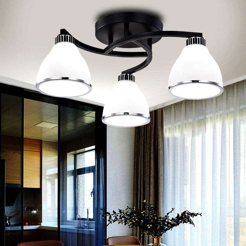 Modern Bell Shaped Flush Lamp White Glass Living Room Semi Flush Ceiling Light in Black