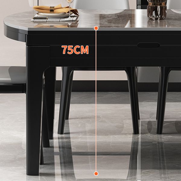 Modern Round Grey Stone Top Extendable Retractable Dining Table with 4 Rubberwood Black Legs