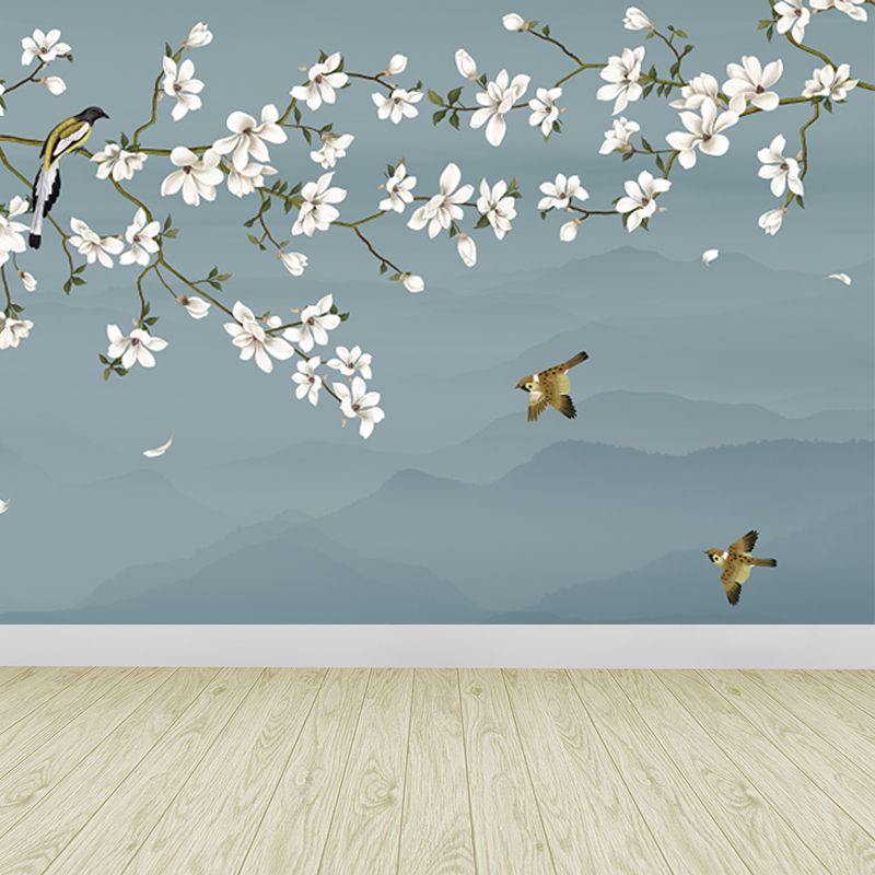 Bird and Flower Branch Mural for Home Misty Mountain Landscape Wall Art in Blue for Decor