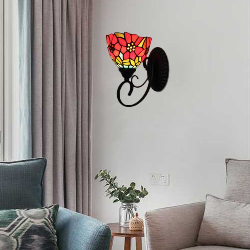 Orange Flower Wall Light Fixture Victorian 1 Head Multicolor Stained Glass Sconce Light