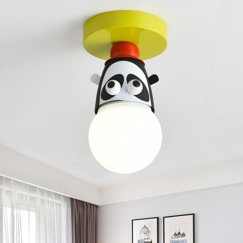 Single Bulb Bedroom Semi-Flush Mount Lighting Kids Yellow Ceiling Lamp with Giraffe / Monkey / Tiger Metal Shade