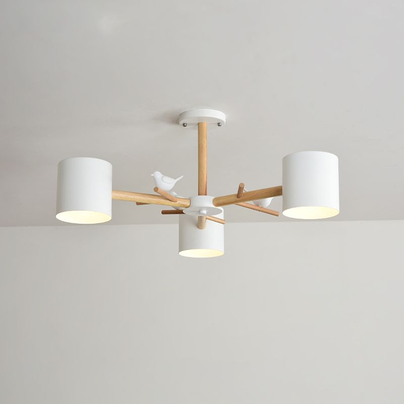 Wooden Branchlet Flush Chandelier Nordic 3/6/8 Heads White Semi Flush Ceiling Light with Ball Cream Glass/Cup Metal Shade