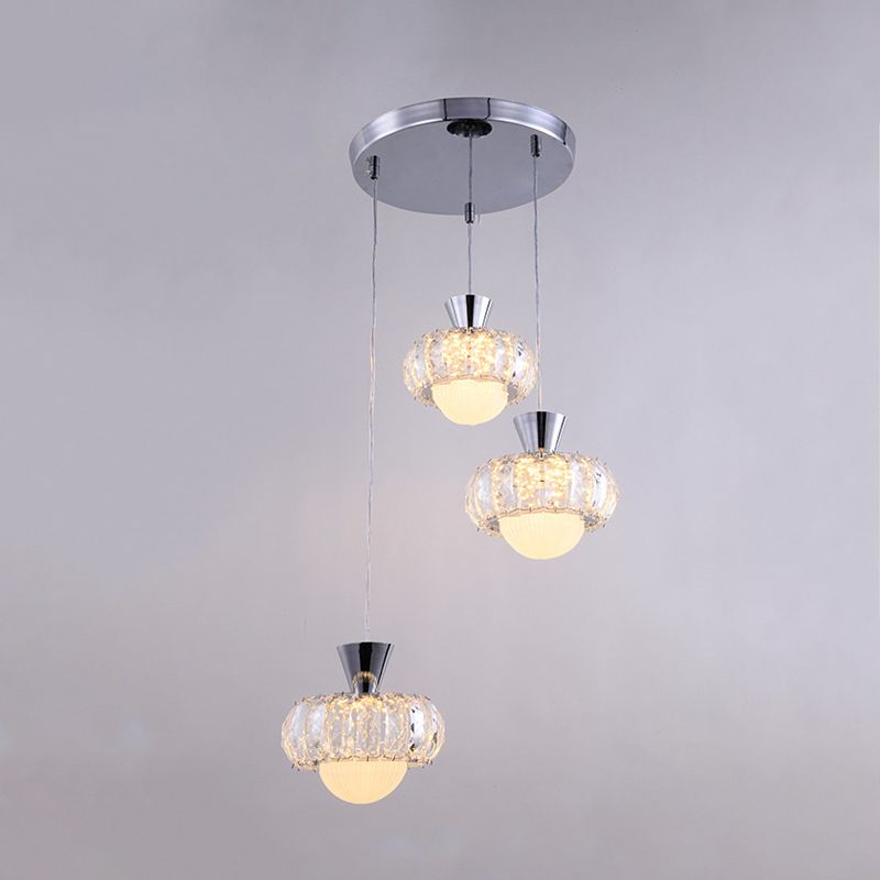 Crystal Block Doughnut Cluster Pendant Modern 3-Head Suspension Light in Chrome over Dining Table
