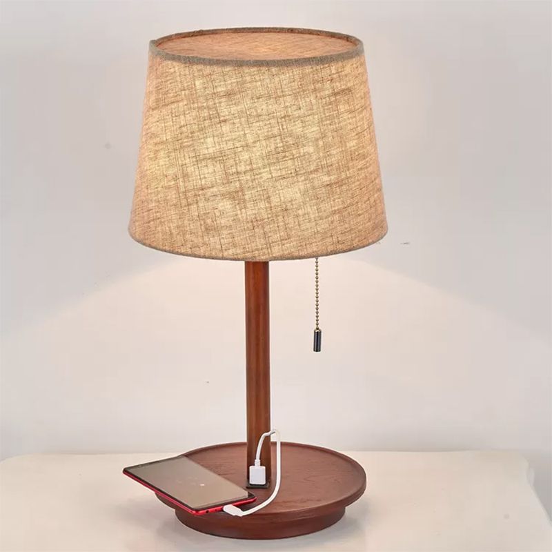 1-Light Bucket Pull Chain Night Lamp Rural Flaxen Fabric Table Light with USB Charging Port