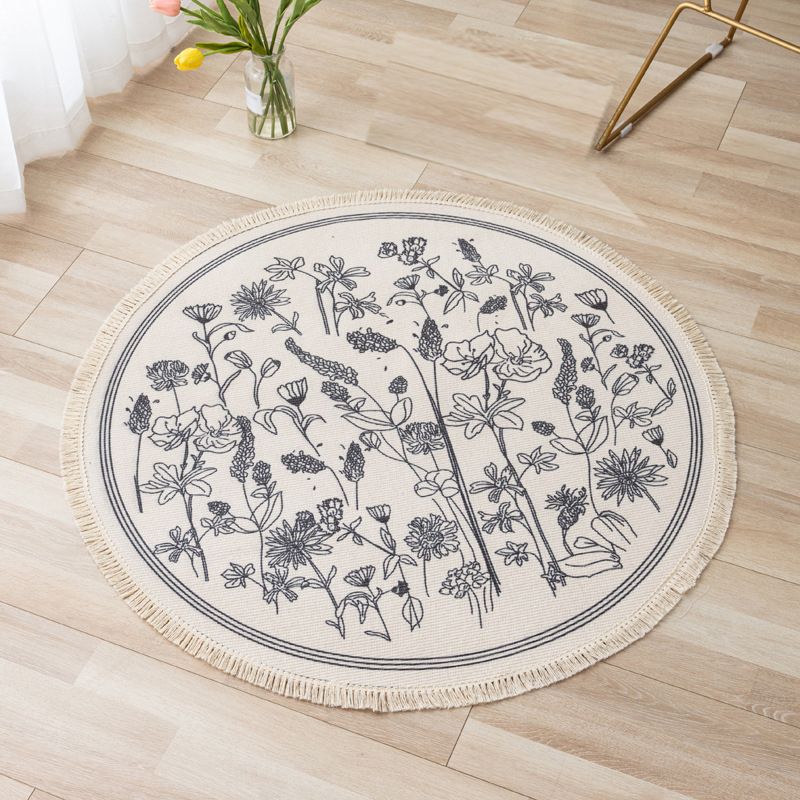 Fancy Bohemian Area Carpet Beige Polyester Area Rug Easy Care Fringe Rug for Living Room