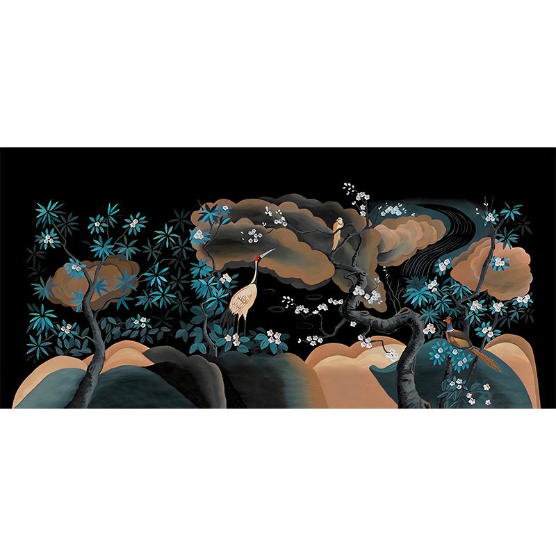 Asia Red-Crown Crane Mural for Accent Wall Personalized Wall Covering in Black-Green