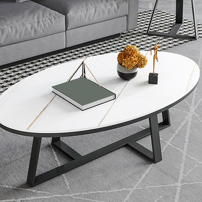 Glam Oval Stone Top Coffee Table with Iron Cross Base 17.71" High