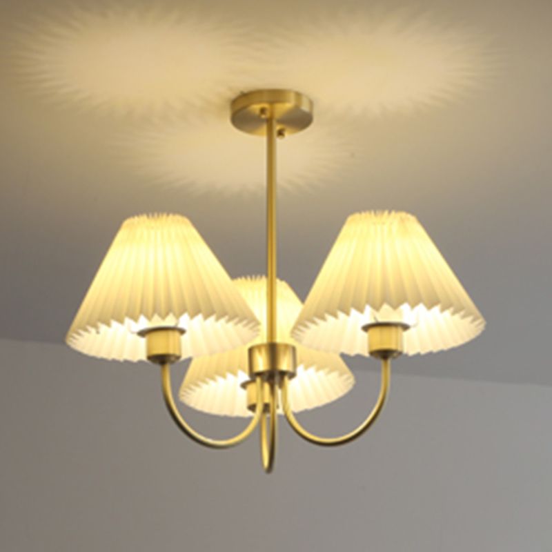 Country Style Living Room Chandelier Retro Fabric Conical Pendant Light Fixture in Brass