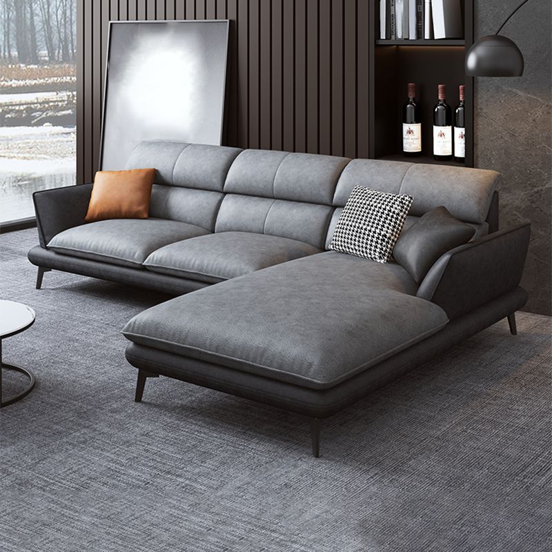 Flared Arm Sofa & Chaise Modern Faux Leather Sofa in Dark Grey