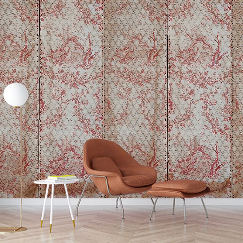 Large Net and Plant Print Murals Pink Non-Woven Fabric Wall Art, Moisture Resistant, Custom Made